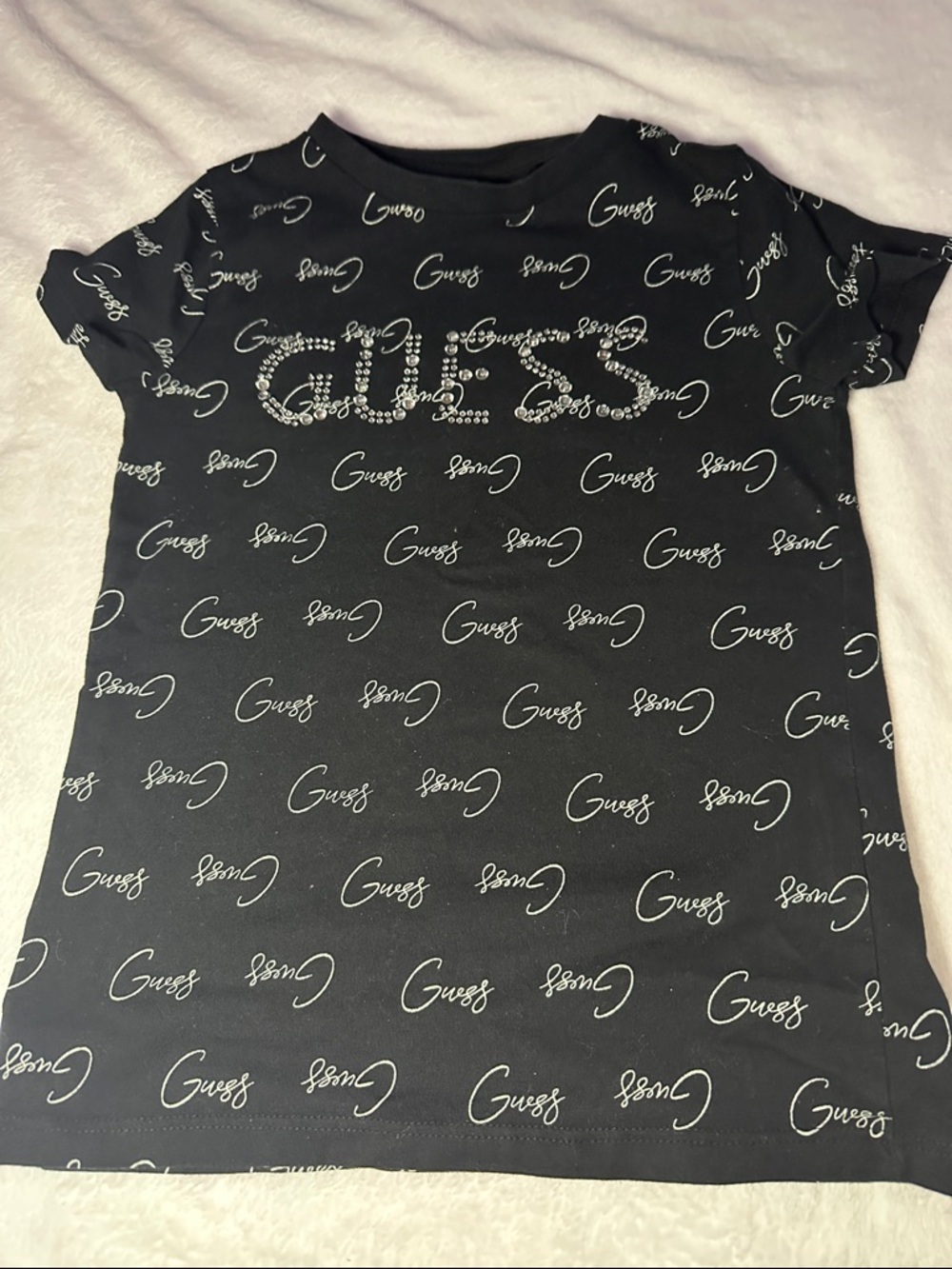 Guess Black Tee with White Script and Rhinestone Logo